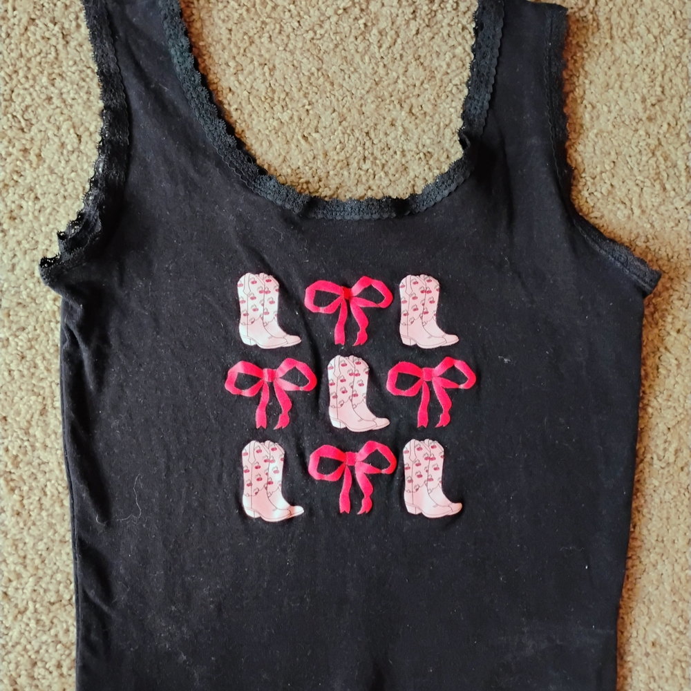 Black Kids Tank Top with Pink Boot Print